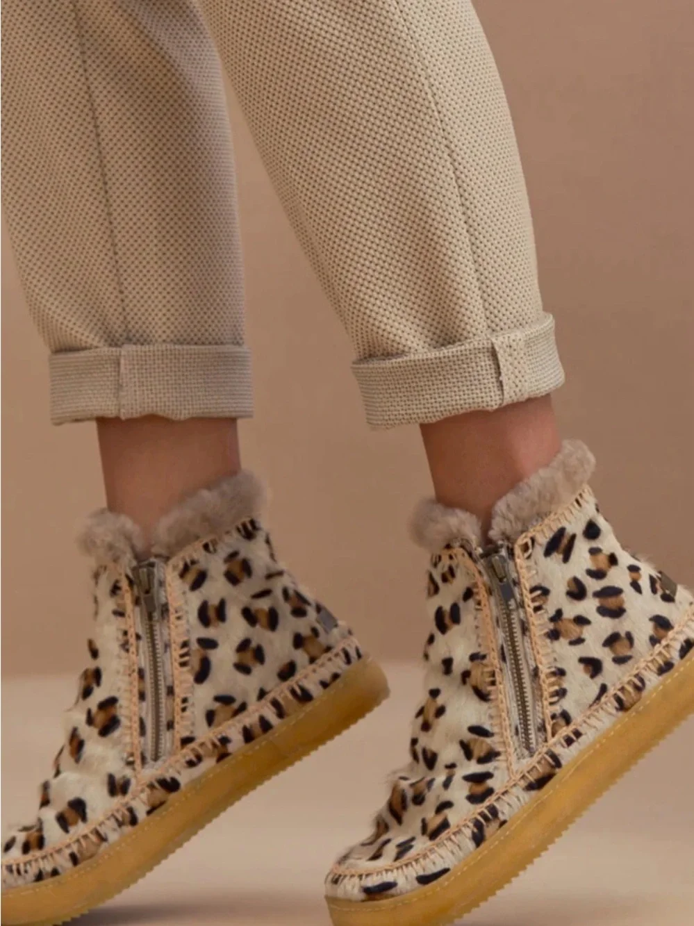 Leopard Print Faux Fur Ankle Boots - Beige/Black